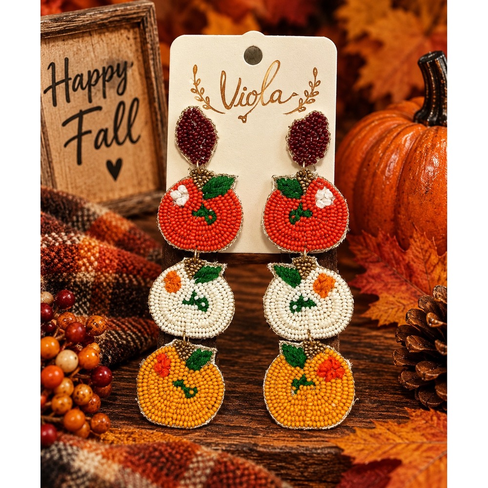 Pumpkin Trio Seed Bead Earrings Fall Harvest Statement Earrings